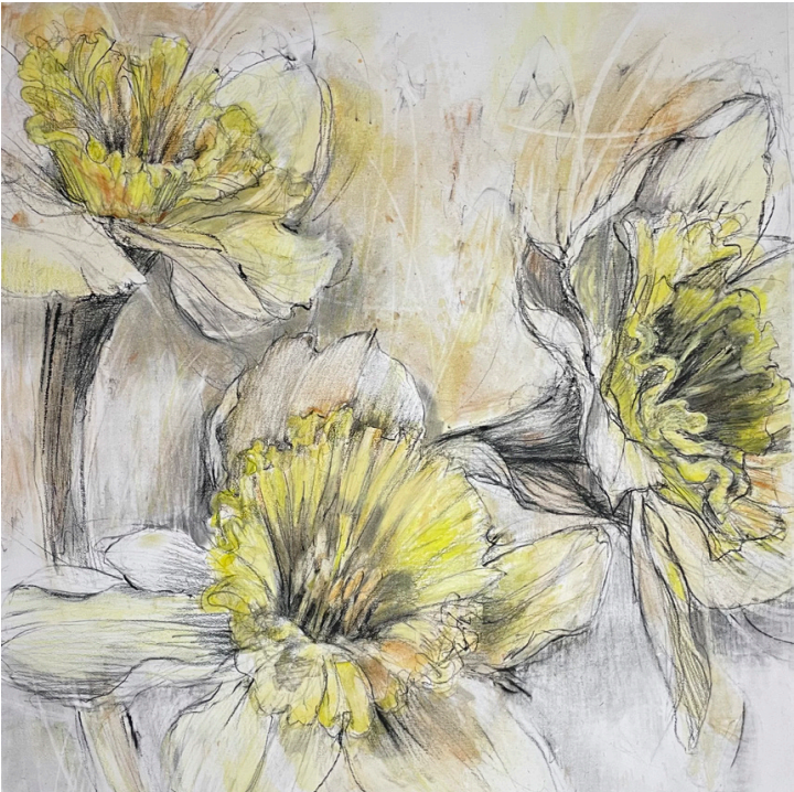 Daisies 36x36 Watercolor, graphite, pastel