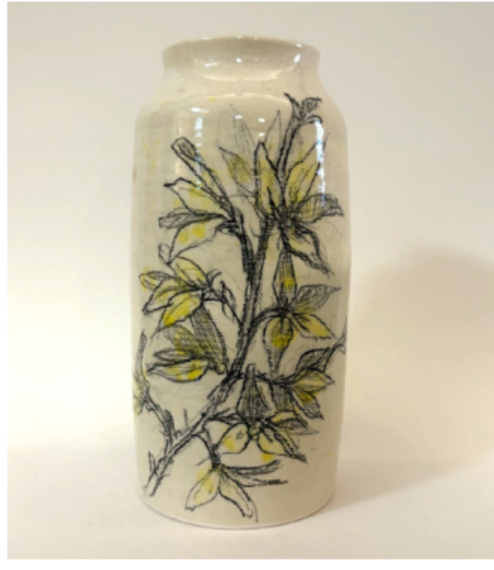 Forsythia Vase aqua interior (7.5”H)
