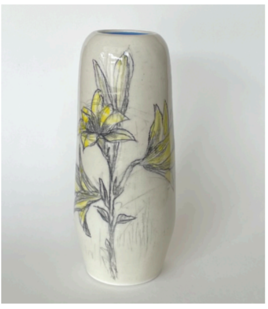 Day Lilies Vase sky blue inside 8.5”H