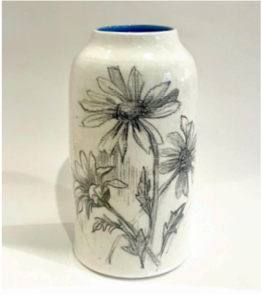 Daisies Vase royal blue inside 6.5”H