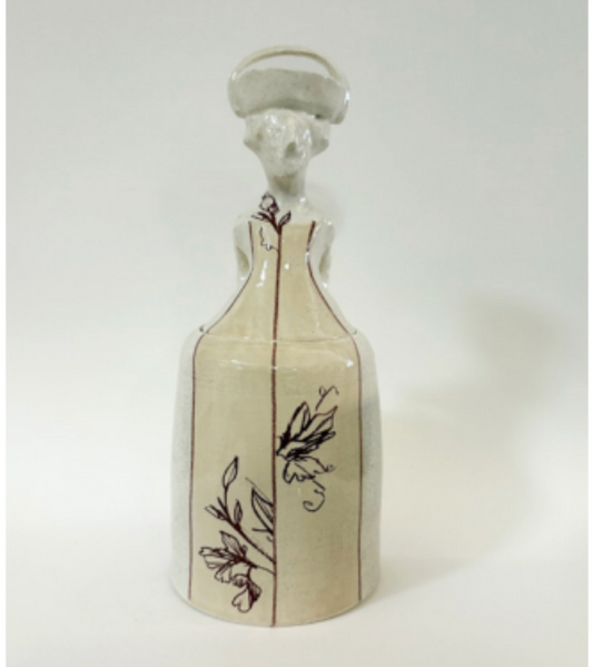 Lidded Jar Lady w Tan Striped Bodice + sweet peas