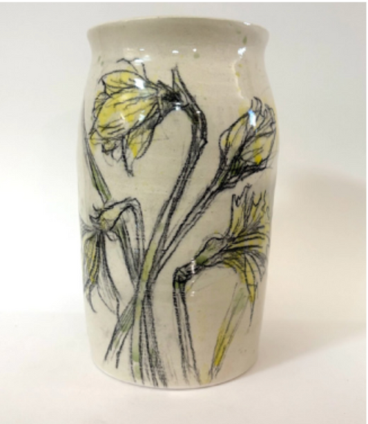 Daffodils Vase (both sides) green w/ white flecks inside 7”H