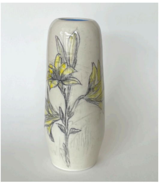 Day Lilies Vase sky blue inside 8.5”H
