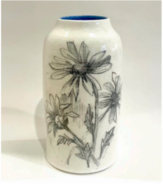 Daisies Vase royal blue inside 6.5”H