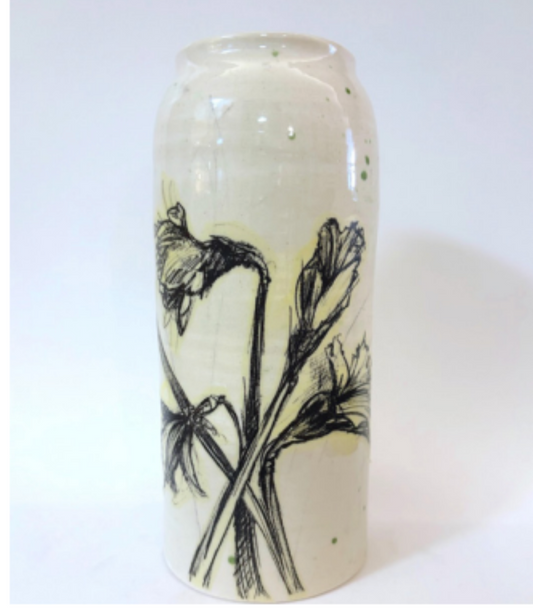 Daffodils Vase w green flecks, aqua inside 10”H